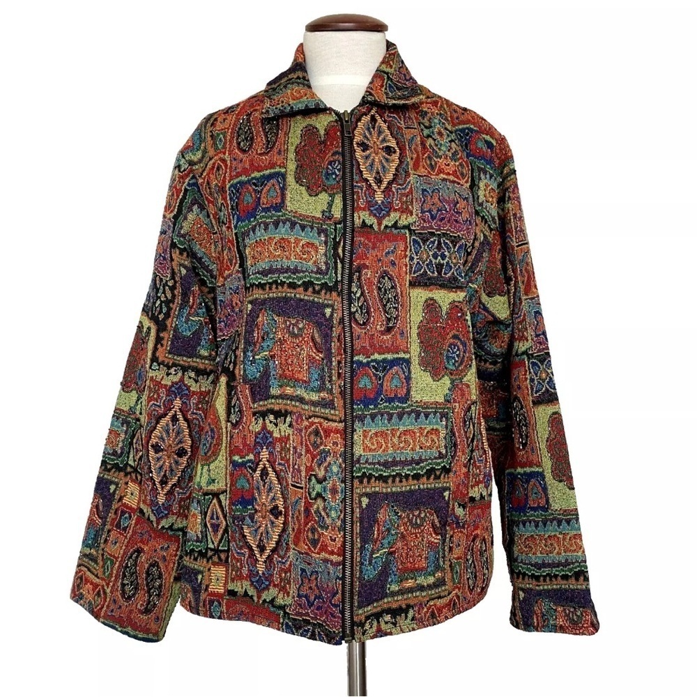 Parsley & Sage Tapestry Flowers Animal Beaded Zip Jacket 1X Pockets Lined